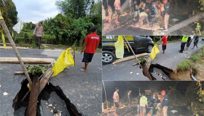Jalan Lintas Gumawang–Rasuan Amblas di Lubuk Harjo, Polisi dan Warga Bangun Jembatan Sementara