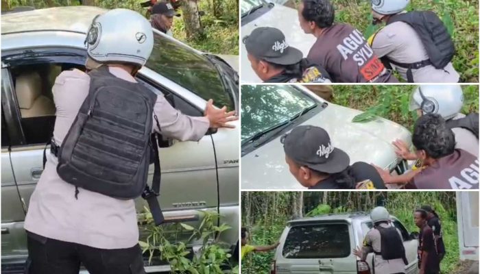 Bhabinkamtibmas Polsek Madang Suku I Sigap Bantu Evakuasi Mobil yang Keluar Jalur di Madang Suku I