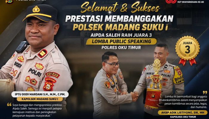 Kapolsek Madang Suku I Apresiasi Prestasi Aipda Saleh Raih Juara III Public Speaking Polres OKU Timur