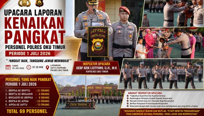 69 Personel Polres OKU Timur Naik Pangkat, Kapolres Tekankan Peningkatan Pengabdian